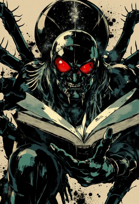 <lora:Yoji_Shinkawa_Style_FLUX-000012:0.8>
This image is a stylized digital illustration with a gritty yshinkawa cyberpunk anime aesthetic, showcasing  a spider reading a book