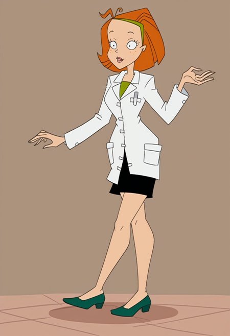 1 girl, solo, orange hair, short hair, orange freckles, green hairband, white lab coat, closed lab coat, green undershirt, black short skirt, green shoes,