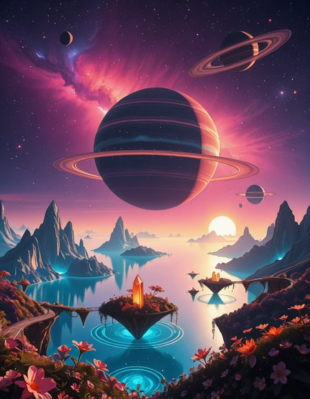 A breathtaking, high-resolution photograph of a celestial paradiseâa stunning, habitable planet floating in the vastness of space. The sky is a mesmerizing blend of deep purples, blues, and pinks, illuminated by twin suns casting golden light over the landscape. Towering crystal mountains shimmer in the distance, reflecting the vibrant hues of the nebula-filled sky. A vast, glowing ocean stretches across the horizon, its surface gently rippling with bioluminescent waves. Floating islands covered in lush, alien vegetation hover above the water, connected by natural bridges of luminescent vines. Exotic, radiant flowers bloom in every color imaginable, while gentle, ethereal creatures with translucent wings glide through the air. In the sky, a massive ringed gas giant looms majestically, its swirling clouds casting soft shadows over the dreamlike terrain. The air shimmers with floating particles of light, creating a surreal, otherworldly ambiance. The entire scene feels like a cosmic utopiaâtranquil, awe-inspiring, and untouched by time.
<lora:SDXLFaeTastic2400:0.4> <lora:extremely_detailed:0.4> extremely detailed,Celestial p4r4d1s3, <lora:Celestial_p4r4d1s3-i:1>, Masterpiece,best quality,hi res,8k,hi res,8k,award winning,(sharp focus, intricate, highly detailed),