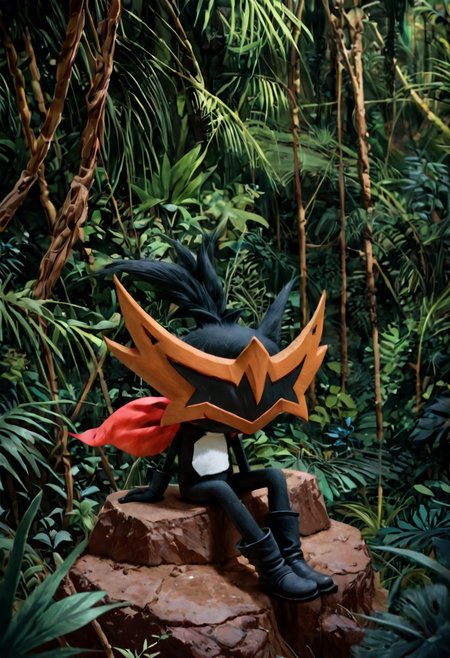 score_9,score_8,score_7, taterazay, mask, red cape, arms, sitting, relaxed, high quality, jungle background, rocks, hands, legs, boots, full body, background, highres, high resolution, looking away, epic, good angle,