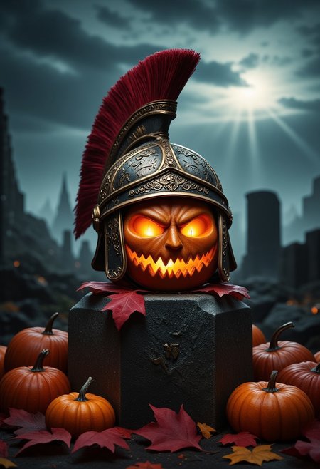 A fierce jack-o-lantern with a menacing grin sits atop a weathered stone pedestal, wearing an ornate Roman centurion helmet with intricate engravings and a crimson plume. The helmet gleams ominously in the flickering candlelight, casting dynamic shadows. Surrounding the pumpkin are fallen autumn leaves in deep reds and golds, enhancing the autumnal atmosphere. The background features a misty battlefield with ancient ruins silhouetted in the fog, creating a dramatic, cinematic scene. High-quality and hyper-detailed