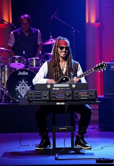 We have Jack Sparrow on stage, sitting behind the system and playing, he is wearing a pirate costume, sunglasses and laughing, he is wearing Nike shoes, there is a grand stage background, very good lighting, excellent and spectacular quality, a great concept of the photo, everything is great,
