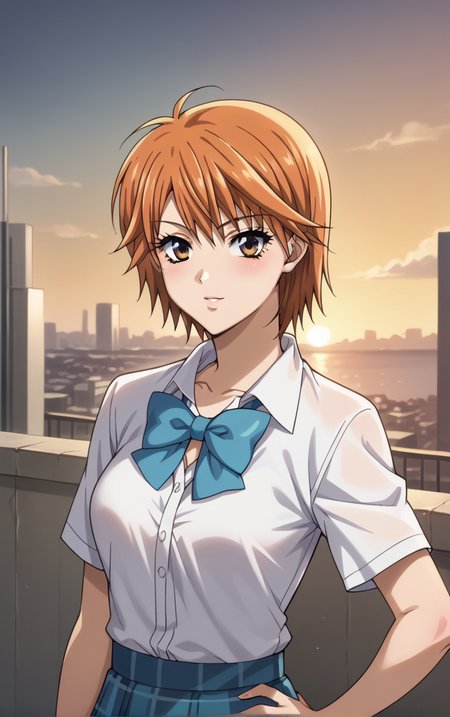 score_9, score_8_up, score_7_up, looking at viewer,  BREAK
BlueBowTie_KyokoMogami_ownwaifu, 
1girl, brown eyes, orange hair, short hair, eyelashes, collarbone, bangs, breasts, 
bowtie, school uniform, blue bow, shirt, plaid skirt, short sleeves, white shirt,
(contrapposto, hand on hip), sunset, sidelighting, cityscape, outdoors, <lora:PONYXL_SkipBeat_KyokoMogami_ownwaifu:1> , depth of field, solo,
