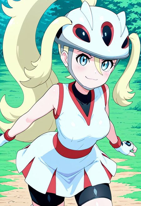 masterpiece, best quality, 1girl, solo, looking at viewer, smile,   zzKorrina, blue eyes, hair between eyes, blonde hair, long hair, ponytail, hair between eyes, two side up, white gloves, fingerless gloves, white dress, bare arms, sleeveless dress, black shorts, short dress, helmet, grass, high ponytail, bike shorts, roller skates, shorts under dress,   <lora:KorrinaPokemon_IXL_v1:1.0>, , smile, looking at viewer, cowboy shot, leaning forward, smug, aged up, <<lora:MantisIXL_v2:0.8>,
