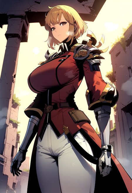 score_9, score_8_up, score_7_up, score_6_up, source_anime, rating_explicit, <lora:neg4all_bdsqlsz_V3.5:2.0>1girl, (solo:1.1), huge breasts, <lora:Cha Hae-in webponyxl:1> bangs, short hair, blonde hair, brown hair, brown eyes, military uniform, red jacket, shoulder armor, belt, gauntlets, white pants, expressionless, Narrow shoulders, heavy breathing, steaming body, ruins, outdoors, looking at viewer, standing