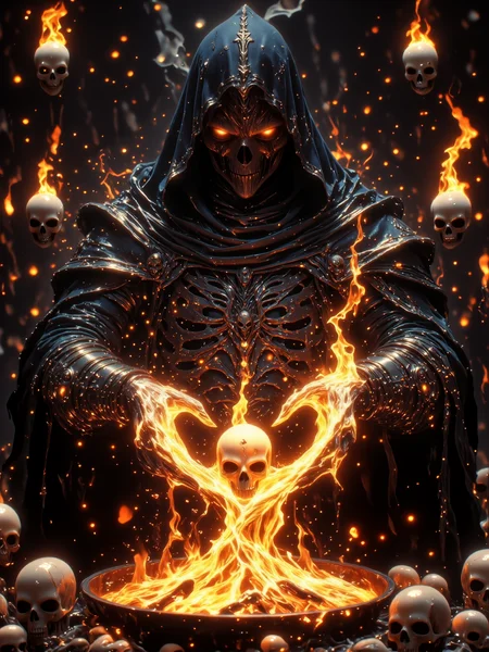 famous artwork, award-winning hyper-realistic digital illustration, highly aesthetic, ultra-high resolution, uhd, 8k, 4k, dramatic, epic, meticulous, accurate, at night, dim lighting, perfect symmetry, golden ratio, dynamic, farther west than west there lie, the burning embers carried by, words of making, whispered from the shore. chased by a shadow-form, brought from the other side, evil by design, enabled by your pride. you must beware! you must beware! the phantom's spell. sacrificial chamber, hooded demon, shadowy phantom, perfect hands wearing gloves, whispering horror, skull decor, fire pit in the foreground, eldritch magic, high contrast, lovecraftian, cthulhu mythos, ovg, hkdeath, r3alisticf, ne0nfant4sy, midjourney_whisper_avant_couture, <lora:living_death-flux-by_hailoknight:0.96> <lora:style-mythic_fantasy-realistic-flux-by_velvets:1.0> <lora:style-neon_fantasy-flux-by_neowave:0.4> <lora:epic_gorgeous_details-balance-flux-by_flyway:0.4> <lora:midjourney_whisper_avant_couture-flux-by_aihonobono2023:0.4>