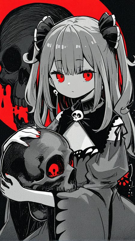 uruha_rushia, 1girl, solo, long_hair, looking_at_viewer, bangs, red_eyes, hair_between_eyes, monochrome, choker, virtual_youtuber, two_side_up, spot_color, skull, sideways
