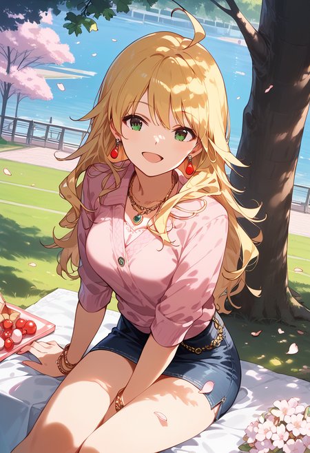 score_9,score_8_up,score_7_up, source anime, rating_safe,
<lora:Expressive_H:1.0>, uncensored,
1girl, <lora:KisaragiChihaya_pony_v1:0.9>, hsimk, long hair, blonde hair, bangs, ahoge, green eyes, large breasts, 
pink shirt, (denim pencil skirt, miniskirt:1.1),  earrings, necklace, bracelet,
looking at viewer, solo,
dating, picnic, (lunchbox:1.1), seat, on seat,
outdoors, park, on grass, tree, cherry blossoms, Cherry blossom leaves dancing, sunlight filtering through the trees,
sitting, wariza, hand between legs,
(dutch angle), (from above:1.1),
against tree,
smile, open mouth,
masterpeice, best quality, very aesthetic, absurdres,