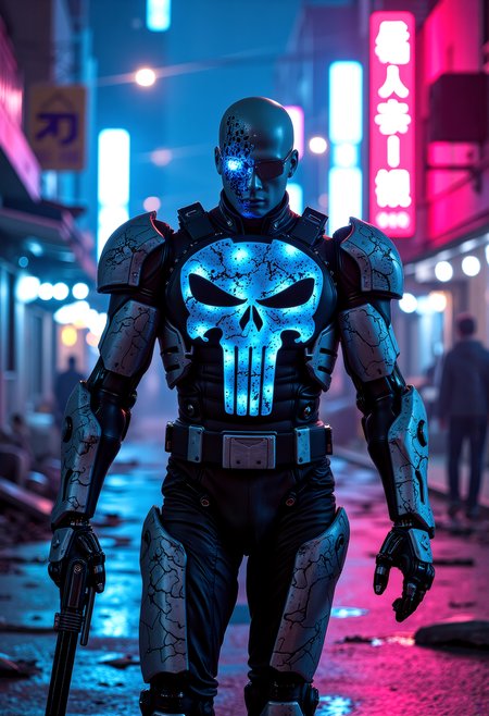 The neon-lit streets of a futuristic slum provide the backdrop for a retro cyberpunk anti-hero, the Punisher. His cybernetic armor, deliberately corrupted with patterns, glows in the night, a testament to his brutal efficiency. The human head, imbued with the iconic Punisher symbol, conveys his unwavering commitment to justice. As he walks through the slums, his mechanical arms and enhanced physique embody the fusion of man and machine. The style, inspired by Apterus and Clive Barker, captures the Punisher's unique blend of vigilante justice and cybernetic enhancements, leaving onlookers enthralled by his presence and the retro-futuristic, synthwave-infused atmosphere that surrounds him.   <lora:scifi/fluxPunk_v1.safetensors:1.0>,  <lora:flux/Sinfully_Stylish_.02_for_FLUX-000002.safetensors:1.0>,  <lora:flux/perfection style v2d.safetensors:1.0>, perfection style, <lora:flux/ARTifacts>,