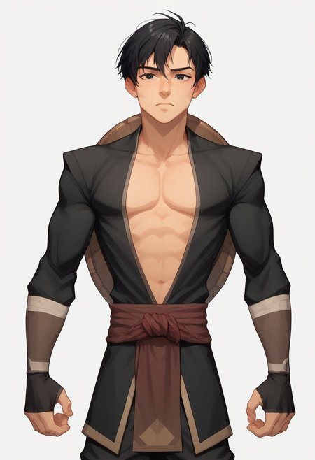 score_9, score_8_up, score_7_up, 8k, best quality, charturnerv2, sz4d3k, 1boy, even skin tone, cell shaded, male focus, indirect lighting, detailed face, detailed eyes, detailed, Expressiveh, adult male, Genbu, black hair, short hair, black eyes, black robes, tight clothes, bara male, pectorals, large chest, face focus, head shotsn Green crystal turtle shell, stern expression, standing, solo, alone, hands, detailed hands, anatomically correct hands, five fingers, NEGATIVE_HANDS