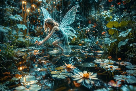Close up photo of a ((water fairy)) gliding over a pond in a garden, reflections in the water, night scene. in the style of double exposure, Art Nouveau, long exposure, layered lines, chiaroscuro, absurdres, Long_Exposure ral-exposure, i <lora:ral-exposure-sdxl:0.700000>