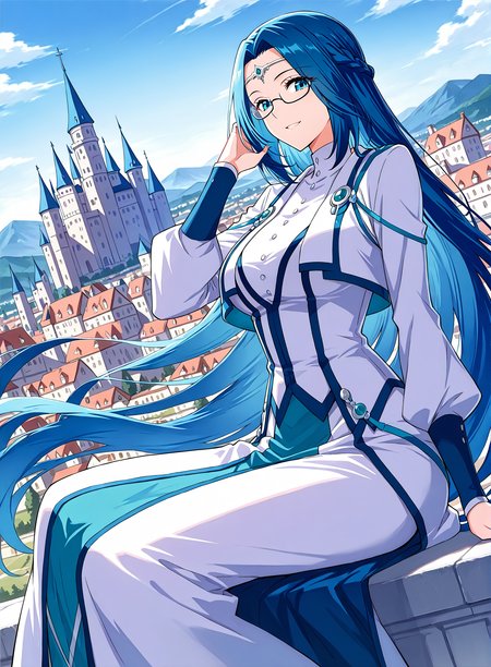 <lora:Ruo_Ling__Battle_Through_the_Heavens__Illustrious:1>
1 girl, solo, blue eyes, very long hair, blue hair, french braid, half updo, 
dress, long skirt, long sleeves, bottons, circlet, jewelry, glasses, semi-rimless eyewear,  
score_9, score_8_up, score_7_up, very aesthetic, source_anime, detailed, high quality, beautiful, masterpiece, detailed eyes, castle, village, blurry background, cityscape, pose dynamic angle, light smile, open mouth, hand on hair, sitting