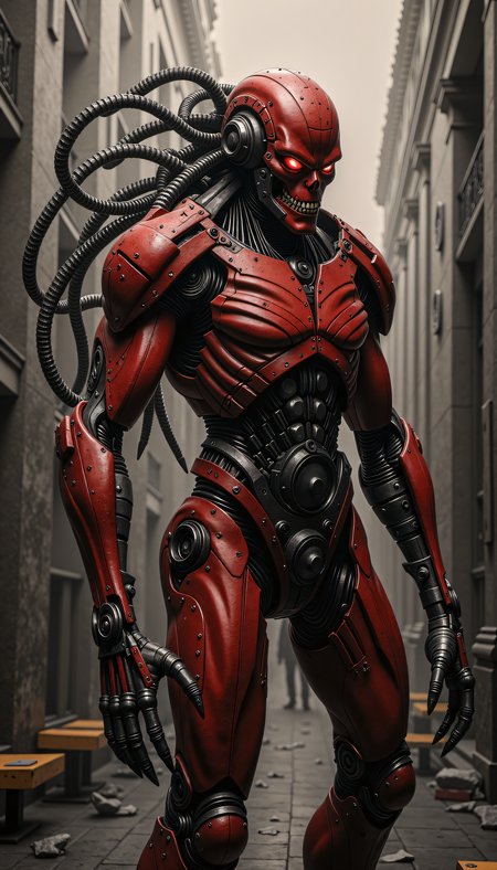 A creative image of an evil mastermind, a mechanized organic humanoid male warrior with skin, flesh, bone, skin, metal, wiring, electrical sparks, exposed machinations, creepy, never before seen, approaching perfection, intricate mechanical details, glowing red eyes, dark atmospheric background, eerie lighting, H.R. Gigers biomechanical style, ZdzisÅaw BeksiÅskis dark surrealism, and Syd Meads futuristic industrialism.