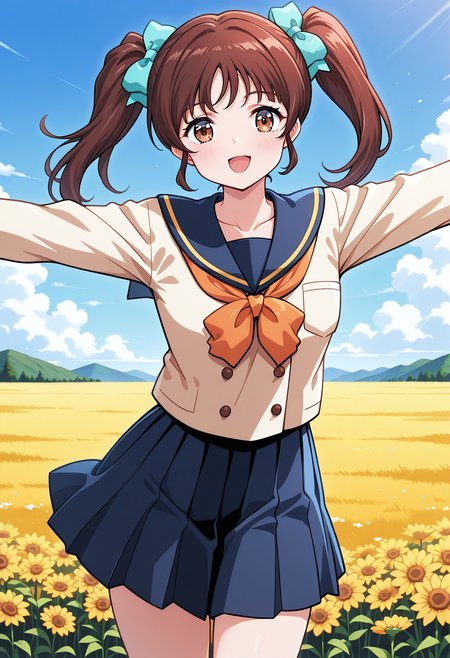 koizumi_rina, brown eyes, brown hair, twintails, hair bow, school uniform, beige shirt, long sleeves, blue skirt, <lora:fr_koizumi_rina_illustrious_ver1:0.8> 
smile,, masterpiece, best quality, general,, 1girl, solo, (field:1.2), (blue sky:1.2), looking at viewer,, (cowboy shot, dynamic pose:1.4),