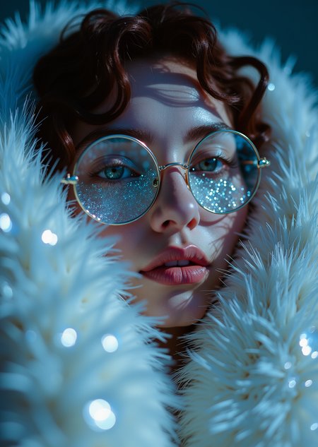 A close-up of a woman wrapped in oversized faux fur with ice crystals on her lashes and collar. Cold blue lighting with soft white sparkles. High fashion meets arctic survival.