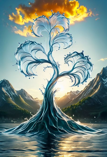 UHD, masterpiece, high quality, extremely details, intricate details, sharp focus, realistic, OverallDetailXL, sss
a tree made of ((water)) ,((ais-wvs)),  lake surrounded by mountains,sun sunlight, sunray ,SauronsTower,sunset
