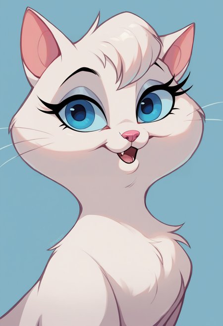 source_cartoon, source_western, source_furry, score_9, score_8_up, score_8, 1girl, <lora:Mewsette:0.65> feral, blue eyes, pink nose, eyelashes, eyeshadow, solo, cat, white fur, no humans, looking at viewer, happy, face, close up, 
light blue background, simple background,