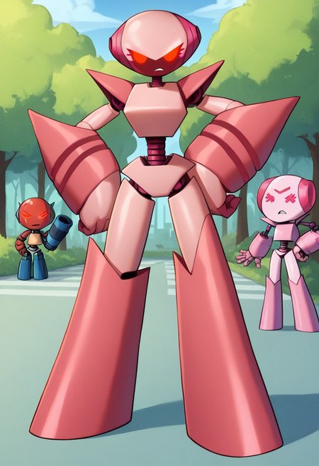 score_9, score_8_up, score_7_up, score_6_up, score_5_up, score_4_up, BREAK 2d, RobotGirlSuperActivated, light pink skin, metal skin,  solo, solo focus, female focus, 1girl, robot, robot girl, standing, full body, outdoors, park, red eyes, looking at viewer, hand on hip, (arm cannon), glowing eyes, mad, angry, night