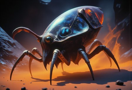 marvellous and otherworldly scenery on a distant planet, very aesthetic, extremely detailed, masterwork, golden ratio, award-winning macro photo, short depth of field, hyper realistic, ultra high definition, dim lighting, twilight, bioluminescence, subsurface scattering, the feeble "unfazed virdglimmerer" is a shimmering scavenger that thrives among the shifting sands of the scorching deserts on planet "blunderbuss secundus." its nigh impenetrable exoskeleton, covered in tiny refractive plates, protects it from the nurglefizzled predators of the desert. these incredibly durable creatures roam the grobfunkled desert, searching for tiny swirblenuggets that are left behind after each of the frequent hurlistorms of this world. their habitat is a dazzling expanse of glimmering dunes, where the shifting light creates a constantly frizzing and fluxflaring landscape, perfect proportions, gorgeous, beautiful, detailed expressive eyes, dappled lighting, ovg, arsmoviestill, dndgr41nyb0yz style, <lora:style-80s_fantasy_movie-v3-flux-by_arsmachina:0.92> <lora:style-dnd_grainyboyz-romulus-flux-by_kimwithdapuss:0.48> <lora:image_enhancer-flux-by_dever:0.8>