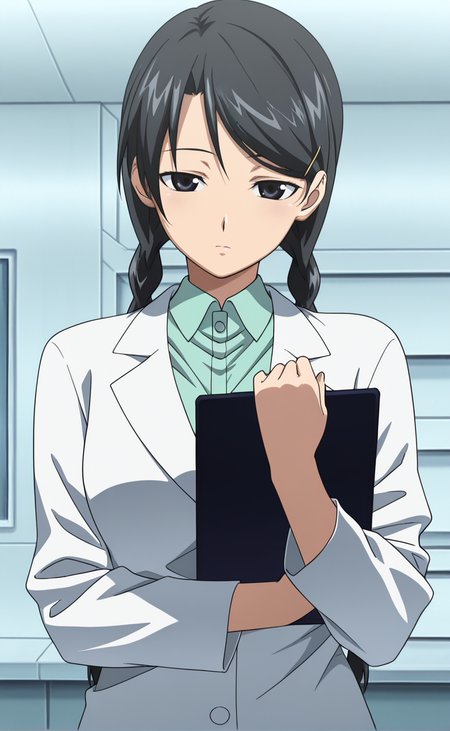 1girl,e1fnsa1t0,anime coloring,solo,twin braids,black hair,black eyes,half-closed eyes    ,medium breasts,hairpin,lab coat,indoors,,upper body  ,holding clipboard ,,,, ,looking at viewer,best quality,masterpiece,sensitive, <lora:elfenliedsaitoNoobAI:1>