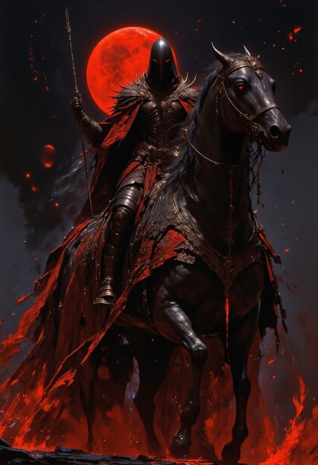 highest quality, extremely detailed, 4k, 8k, amazing quality, masterpiece, best quality,  a person is riding atop his black horse , dark night ,magic, dark world, dark fantasy art,  fantasy creatures, dark horse,  medieval creatures, cape,red moon,Blood Moon