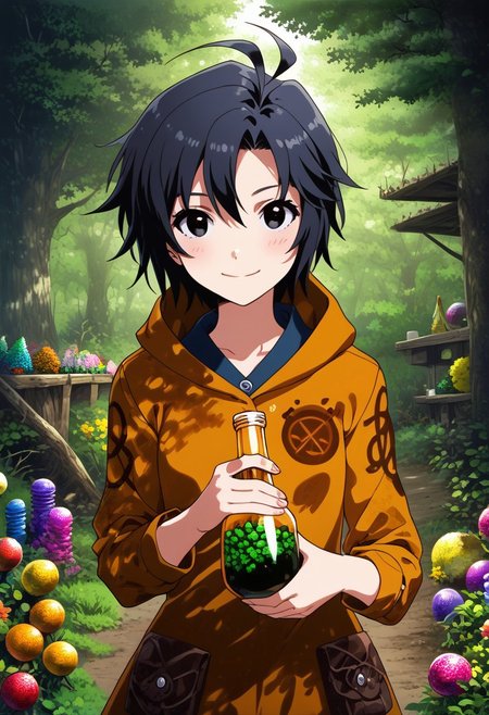 (zPDXL2), score_9, score_8_up, score_7_up, score_6_up, source_anime, <lora:Worldly_XL:1> volumetric lighting, warm colors, motion effects, best quality, wallpaper art, looking at viewer, (woods:1.6), (bottles:1.5), berries, flowers, beetles, insects,
1girl, solo, 18 year old, Little Red Riding Hood on a path in the woods, (holding bottles:1.6), delicate and smooth skin, cleavage, shy smile, eyes open, low cut, 
<lora:KikuchiMakoto_pony_v1:0.9> kkcmkt, short hair, black hair, antenna hair, hair between eyes, black eyes, flat chest,  small breasts, 
Expressiveh,  <lora:c0l0urc0r3XLP2:0.40> c0l0urc0r3, cute, bright colours, candy, <lora:RELSM_v1:0.90> <lora:[GP] somethingweirdv1 [Pony XL]:0.20>