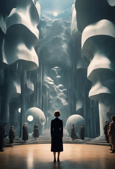 Rene Magritte , (tilt-shift lens:1.6), draconian jaw, fantasy ambience, anime style,  woman contemplating, immersive-inspired art deco, inside and out landscape,showing the giant lighting maximalist.  award-winning, professional, In the midst of a darkened room, swinging its club and the warriors charging forward.