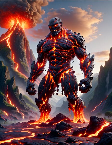 a lava rock golem, rocky head, bulky, extra long arms, rough texture, standing, (from below), mountains, valley,, fiction <lora:ral-lava-sdxl-v2:1> ral-lava