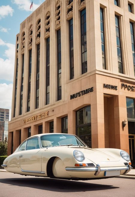 (low angle shot:1.4), an editorial photo of a 1960s Mustand and Porsche style Hovering_Car parked in front of a art deco style building, highly detailed, retro futurism, clean lines, fine art photography, award winning photography, film grain,