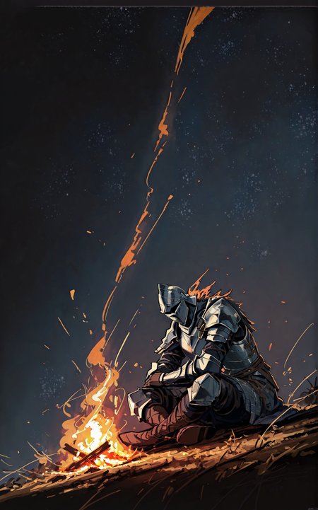 1boy,solo,ashen one \(dark souls 3\),(Broken_clothes:1.1),dilapidated_clothes,helmet,armor,in armor,plate armor,
darksign (dark souls),Sitting in front of the bonfire,sitting,
night,bonfire \(dark souls\),Cinematic Lighting,cinematic_angle,masterpiece,best quality,(dark souls:1.5),dark_theme,hyperdetailed,best quality,masterpiece,absurdres,wallpaper,faux_traditional_media,impasto,<lora:rafaelaaa:0.9>,