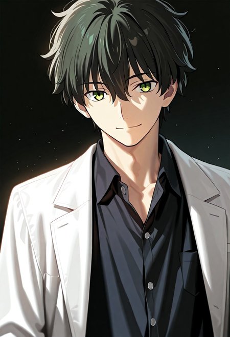 ((masterpiece, best quality, amazing quality, very aesthetic, absurdres)), 
Takeuchi takashi, ((solo)), ((detailed eyes)), calm, smile, closed mouth, 1boy, solo, peaceful, closed mouth,(((oreki_houtarou))), (((black hair, black hair, yellow eyes))), ((short hair, hair between eyes)), ((white labcoat, open labcoat, black shirt, collared shirt, black slacks))), no background, dark background, cowboy shot, dark background, portrait, looking at viewer