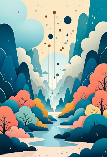 The sky is crying., Japanese avant-garde, surreal elements, muted colors, abstract forms, playful compositions, whimsical characters, intricate patterns, symbolic imagery, dreamlike atmosphere, cultural motifs, expressive lines, minimalistic backgrounds, layered textures, experimental shapes, introspective themes