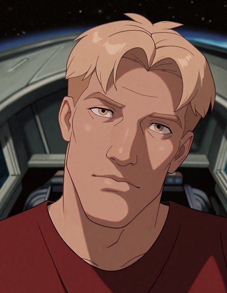 masterpiece, best quality, newest, perfect quality, best quality, instricate details, detailed background, male focus, animated, <lora:Titan AE - Cale Tucker - Illustrious-000007:0.7>, titan_cale, 1boy, mature male, blonde hair, very short hair, hazel eyes, red sleeveless shirt, spacecraft interior, cockpit, space, head tilt, looking at viewer, portrait