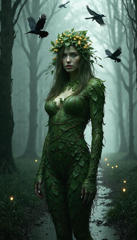 a photorealistic portrait of a forest spirit, emerging from a misty, dark forest. Her body is formed from interwoven leaves and vines, with pale green skin that blends into the bark of the trees around her. Her hair is made of cascading leaves, adorned with golden, glowing seed pods that provide a soft illumination in the gloomy setting. The trees are twisted and barren, with crows flying above, adding a sense of movement and unease to the scene. Her gaze is intense yet calm, as if she is the guardian of the forest’s secrets, embodying both its beauty and its dangers.

The background is filled with mist, obscuring the path behind her and creating a mysterious ambiance. The light is muted, casting shadows that emphasize the textures of her leafy body and the reflective wetness of the forest floor. The contrast between her green, life-filled form and the dark, decaying forest evokes a balance between growth and death, light and darkness. Aim for a hyper-realistic style that brings out the intricate details of her leaf-textured skin, the glowing seed pods, and the eerie, desolate beauty of the forest.*


