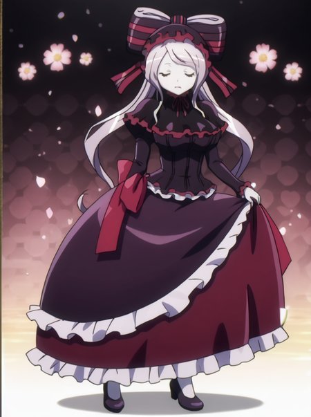 detailed background, shiny skin, posing, rating safe,
<lora:shalltear.pony:1>,
shalltear,
large breasts, 
full body, 
leaning, greeting, closed eyes, holding skirts,