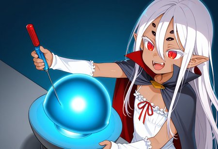 ((taimanin anemone, spider girl, dark-skinned female, expressive face, very long white hair, hair between eyes, pointy ears, red eyes, slit pupils, 6extra dark eyes, flat chest, white short dress, front chest ribbon, long black cape, white fingerless arm warmers)):1.3),
(1girl, solo, happy, mouth, open teeth, dumb face),
((demon_core, meme_demon_core, meme, 1screwdriver, holding screwdriver, blue light, blue radiation, ):1.3),
(score_9, score_8_up, score_7_up, score_6_up, masterpiece, best quality, newest, amazing quality, highres, enhanced colors, colored shadows, smooth edges, dynamic angle, wide shot, blending)