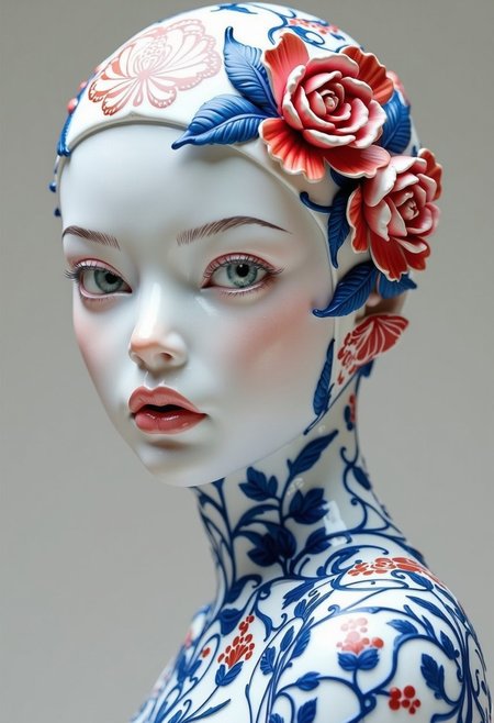 A close-up of a porcelain sculpture. The face is smooth and pale, featuring delicate features with full lips and a slight blush on the cheeks. The eyes are light green, holding an intense gaze. The head is adorned with intricate red floral patterns and (three-dimensional rose flowers), resembling traditional blue-and-white porcelain designs. The design wraps around the neck and shoulders, enhancing the sculpture's artistic appearance. The background is simple and unobtrusive, allowing the figure to stand out prominently. <lora:FLUX.1-Turbo-Alpha:1> <lora:CTAI-Ceramic:1>