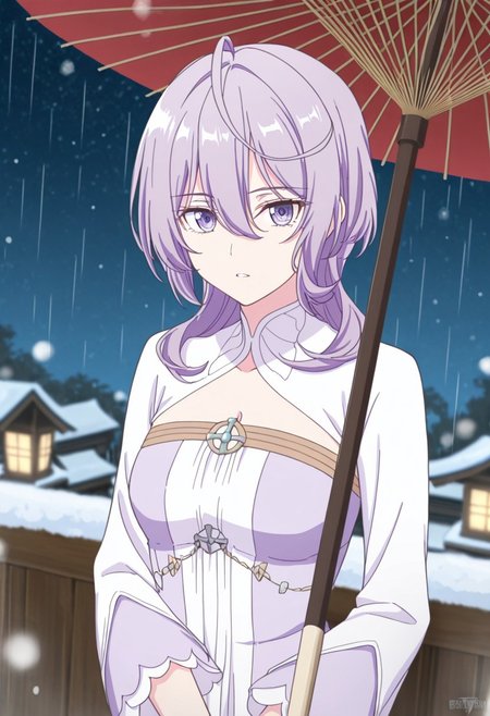 masterpiece, best quality, philia adenauer,, purple hair, ahoge, long hair, blunt bangs, hair over shoulder, hair betveen eyes, purple eyes, small breasts, , closed mouth, serious face,, dress, two-tone dress, purple dress, white dress, sidelocks, long sleeves, white shoes, 
 female solo, solo, bokeh, luminescent background, (beautiful detailed eyes), (best shadow), ((an extremely delicate and beautiful)), (detailed light), ((depth of field)), frontal view, (detailed eyes:1.5), perfect hands, perfect eyes, better hands, dynamic poses, upscale 2x, top view, 1girl, breasts,umbrella, cleavage, starry sky, star \(sky\), oil-paper umbrella, snowing, solo,, looking at viewer, snow, night sky, night, large breasts, parted lips, rain, sky, upper body