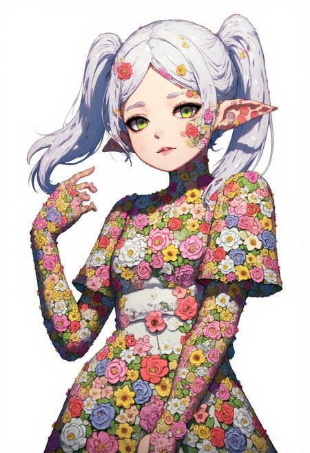 Picture of Frieren in anime style, elf with pointy ears, green eyes white hair and twintails, made of flowers, with flower pattern all over the Frieren character, the entire picture is made of various flowers
