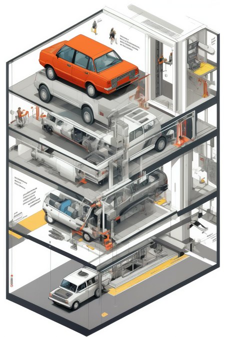<lora:Isometric Cutaway:1>,Isometric Cutaway - An Image illustrating the instructions for the installation of lift vehicles. The background shows the lift vehicle installation scene, accompanied by illustrations or pictures that demonstrate the correct installation steps. The accompanying text instructions are presented in a clear and understandable manner, helping users to easily complete the installation of the lift vehicle.