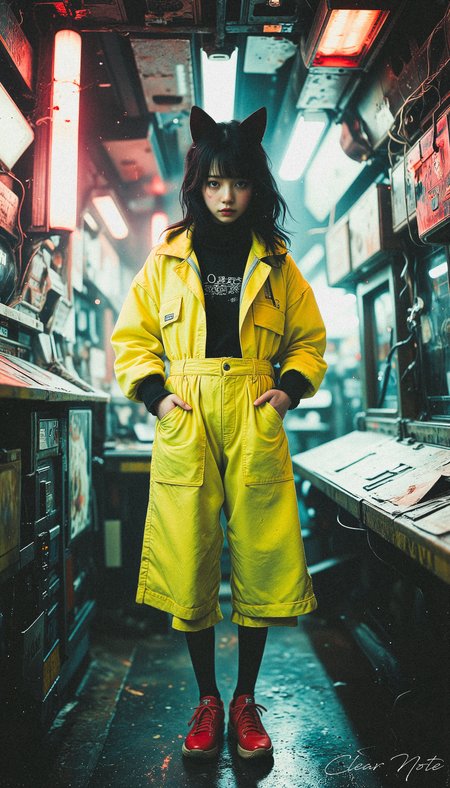 Neo Photorealistic Art Style, A Japanese girl with long fox ears and black hair obscuring her face stands boldly in neon yellow futuristic fashion. Red sneakers and black stockings contrast sharply as she poses amid countless glowing tube lights, embodying surreal Neo-Japan style.