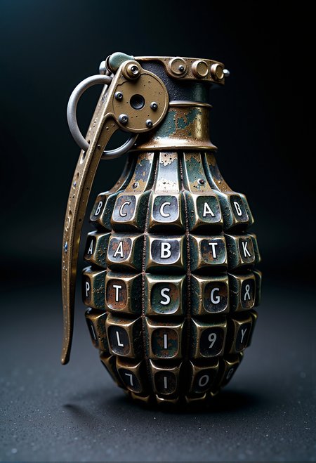 A surreal and thought-provoking depiction of an 'Ananas-Granate,' a traditional hand grenade reimagined with its textured surface made entirely of keyboard keys. Each key is intricately detailed, featuring a letter or a number, creating a striking blend of technology and weaponry. The grenade is shown in a studio-lit setting with soft shadows and a high-contrast background, emphasizing its unusual composition. The keys appear slightly worn, suggesting prior use, while the metallic pin and lever remain true to the original design. The scene carries a subtle, reflective tone, inviting contemplation on the convergence of destruction and digital culture. <lora:MysticFantasy.safetensors:0.4>,  <lora:aiai-Glimra-Flux-Dev-v2.safetensors:0.5>,