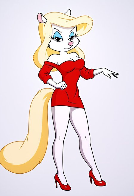 minerva mink, 1girl, blue eyeshadow, eyelashes, furry female, mouse girl, pink nose, snout, blonde hair, animal ears, bare shoulders, red dress, white fur, body fur, animal nose, off shoulder, white skin, long hair, medium breasts, black eyes, long sleeves, off-shoulder dress, makeup, cleavage, short dress, strapless dress, legs, short sleeves, collarbone, colored skin, red sweater, pencil dress, fox tail, Full body, red high heels, Epic Pose, posing heroically, Serious pose, Warrior Pose, Standing