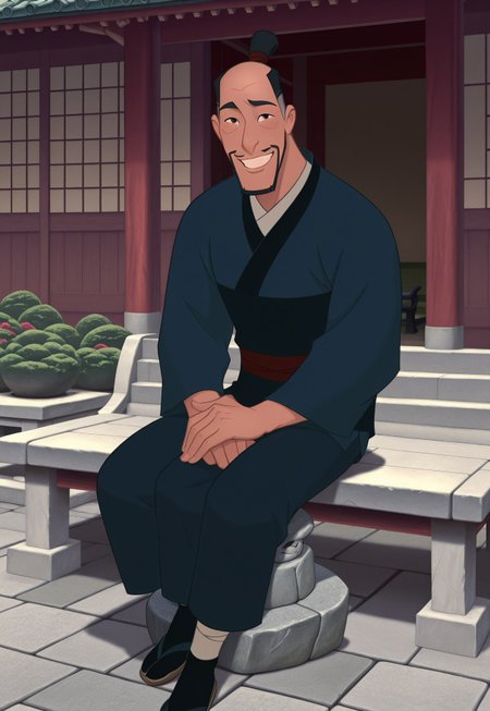 solo, masterpiece, detailed, ultra hd, best quality, 1boy, male, official art, w0lfc0nf, modern, new

DisneyFaZhou, black hair, facial hair, beard, topknot, japanese clothes, sitting on stone bench, looking at viewer, smiling, japanese garden