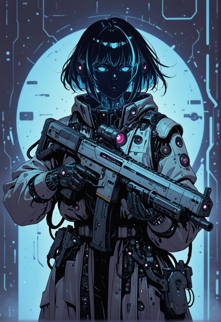 <lora:ck-shadow-circuit-IL:0.65>, 
masterpiece, best quality, good quality, very aesthetic, absurdres, newest, 8K, depth of field, focused subject,
in the style of cksc, whimsical ghostly woman hkbeauty, trigger discipline, otherworldly sci-fi weapon rifle,
 <lora:MoriiMee_Gothic_Niji_Style_Illustrious_r1:0.50> 
<lora:ck-nc-cyberpunk-IL-000011:0.6>
 timewarp, warphole, nistyle Incorporate dynamic lighting with glowing accents and sharp highlights, emphasizing a polished, high-tech appearance. Backgrounds should feature bold, geometric patterns or abstract digital elements, such as grids, streaking lines, creating a sense of motion and energy. Surfaces should appear reflective or metallic, with fine attention to detail in textures and shadows. The composition should feel cinematic and intense, with a focus on clean, precise lines and a sense of technological sophistication.
 <lora:ck-neon-retrowave-IL:0.2>