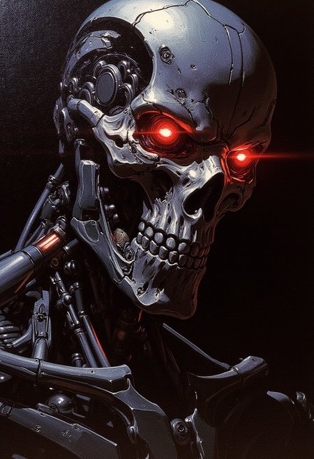 detailed renaissance oil painting, masterpiece, FredFraiStyle, close up on face, intricate detail, portrait of endoskeleton of terminator cybernetic machine soldier, with titanium skull and red glowing mechanical eyes, facing viewer, silhouetted,  directional lighting, one side of face in darkness, masterpiece, perfect composition