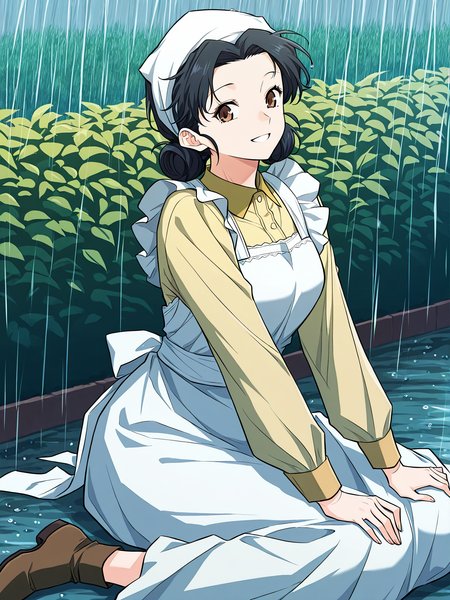 <lora:Emily__The_Greatest_Estate_Designer__Illustrious:1>
1 girl, solo, brown eyes, black hair, hair bun, double bun, short hair, bangs,
shirt, yellow shirt, white apron, head scarf, long sleeves, 
score_9, score_8_up, score_7_up, very aesthetic, source_anime, detailed, high quality, beautiful, detailed eyes, masterpiece, best quality, absurdres, perfect anatomy, 1girl, solo, wariza, sitting, hands on own knees, garden background, charming smile, rain,