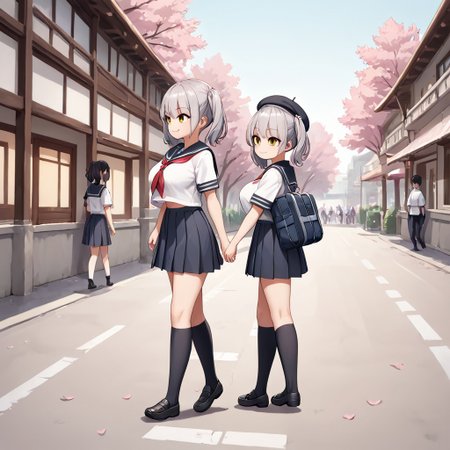 score_9, score_8_up, score_7_up, BREAK source_anime, multiple girls walking on the street, belorta, gray hair, twintails, shorthair, yellow eyes, big breast, 
school uniform, sailor fuku, beret, school bag, wearing school bag, smile, walking, school background, street, cherry blossom, looking away, from side view,