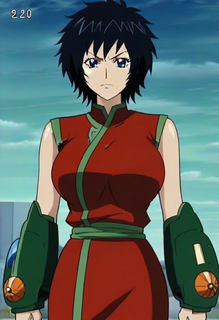 short black hair, blue eye, Scar on right cheek, red sleeveless outfit with green trim,, ,,,,,anime coloring, anime screencap , 1girl,Solo ,, anime,,PUFFY nipple,huge breasts,,, official art,,Uncensored ,Unedited ,,,, ,, ,, , ,,, ,, , ,,,