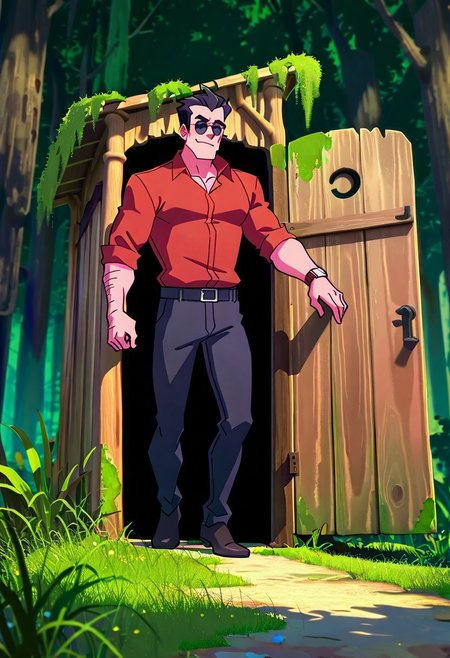 masterpiece, best quality, newest, absurdres, highres, anime, anime style, Shrek's-Outhouse-IL.V1.0, outdoors, moss, plant, nature, forest, Outhouse-closed door, Outhouse-open door, opening door, 1boy, helltaker \(helltaker\), black hair, short hair, muscular, muscular male, sunglasses, glasses,

